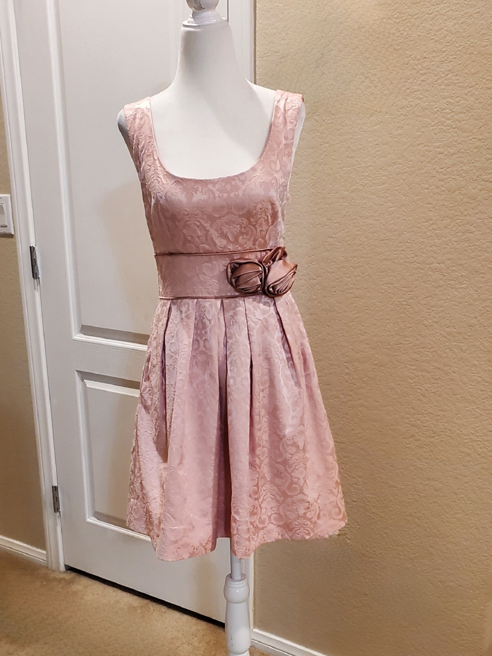 Blush Pink Lace Fit-and-Flare Dress with Rosette Waist